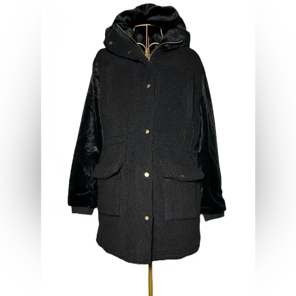 NEW Eden Society Sherpa Black Coat, Faux Fur Sleeves & Hood, Zipper, Pockets, M